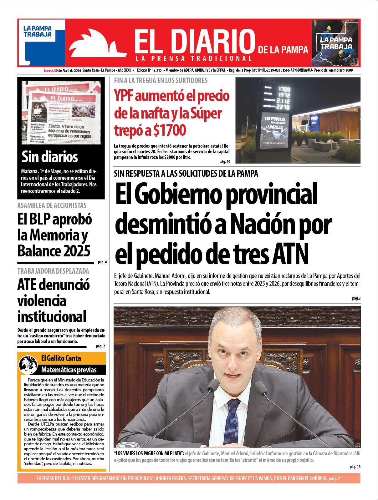 Tapa de El Diario en papel  jueves 30 de abril de 2026